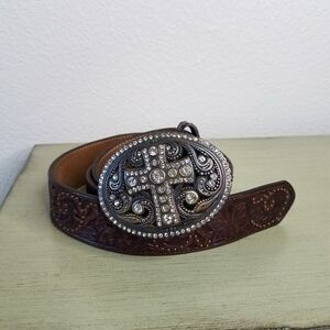 Justin Boots Floral Tooled Rhinestone Leather Belt